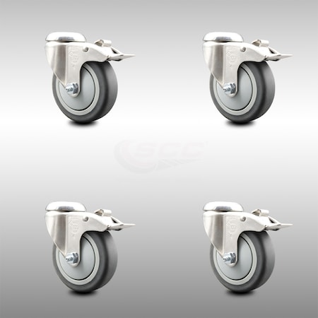 Service Caster 4 Inch 316SS Thermoplastic Rubber Swivel Bolt Hole Caster Set with Lock Brake SCC-SS316BHTTL20S414-TPRB-4